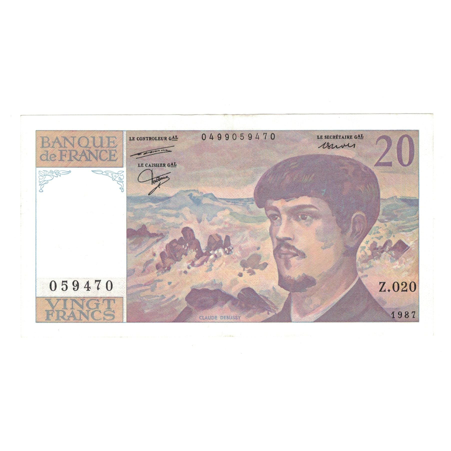 France, 20 Francs, Debussy, 1987, UNC(63), Fayette:66.8, KM:151b