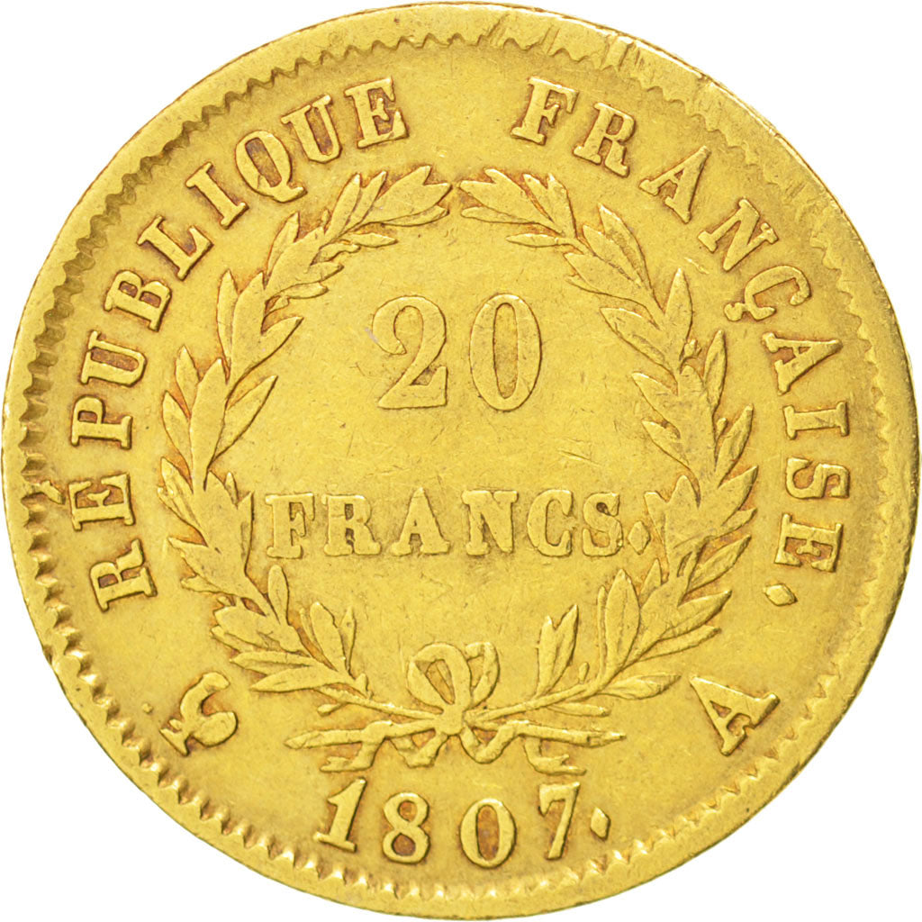 FRANCE, Napoléon I, 20 Francs, 1807, Paris, KM #A687.1, VF(20-25), Gold, Gadoury