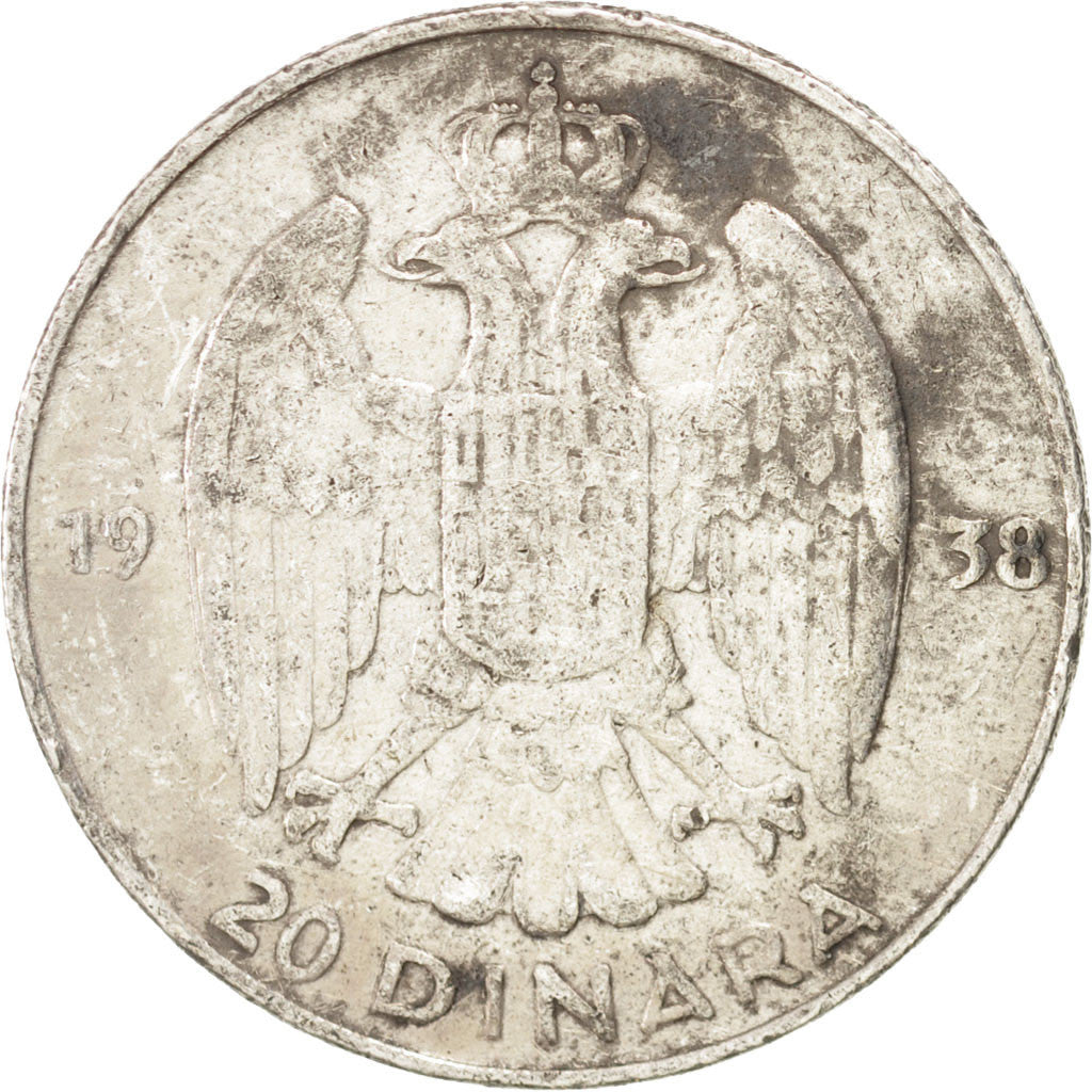 YUGOSLAVIA, 20 Dinara, 1938, KM #23, VF(30-35), Silver, 27, 8.88