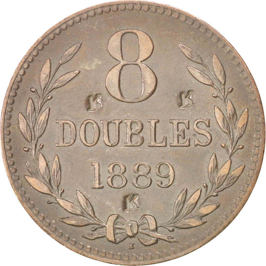 GUERNSEY, 8 Doubles, 1889, Heaton, KM #7, EF(40-45), Bronze, 31.6, 9.46