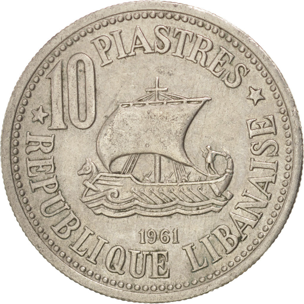 LEBANON, 10 Piastres, 1961, KM #24, AU(50-53), Copper-Nickel, 21.8, 3.50