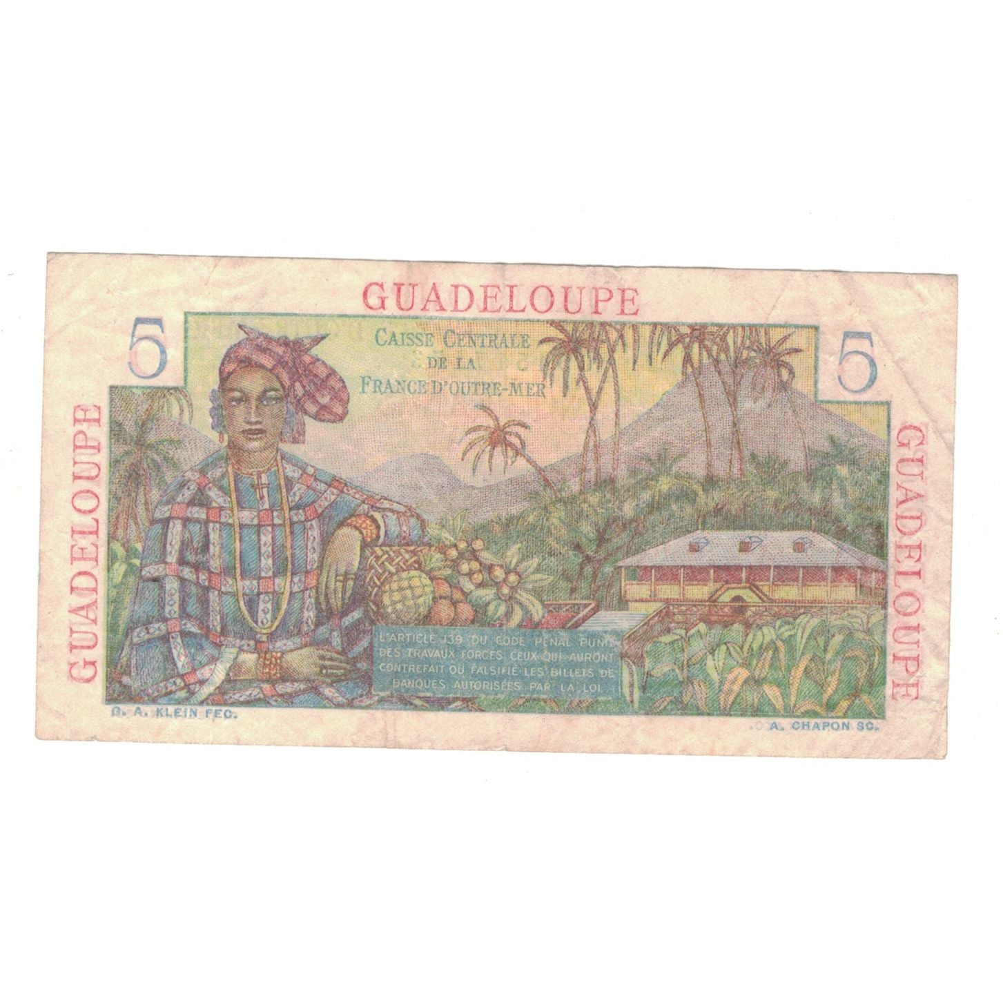 Guadeloupe, 5 Francs, VF(30-35), KM:31