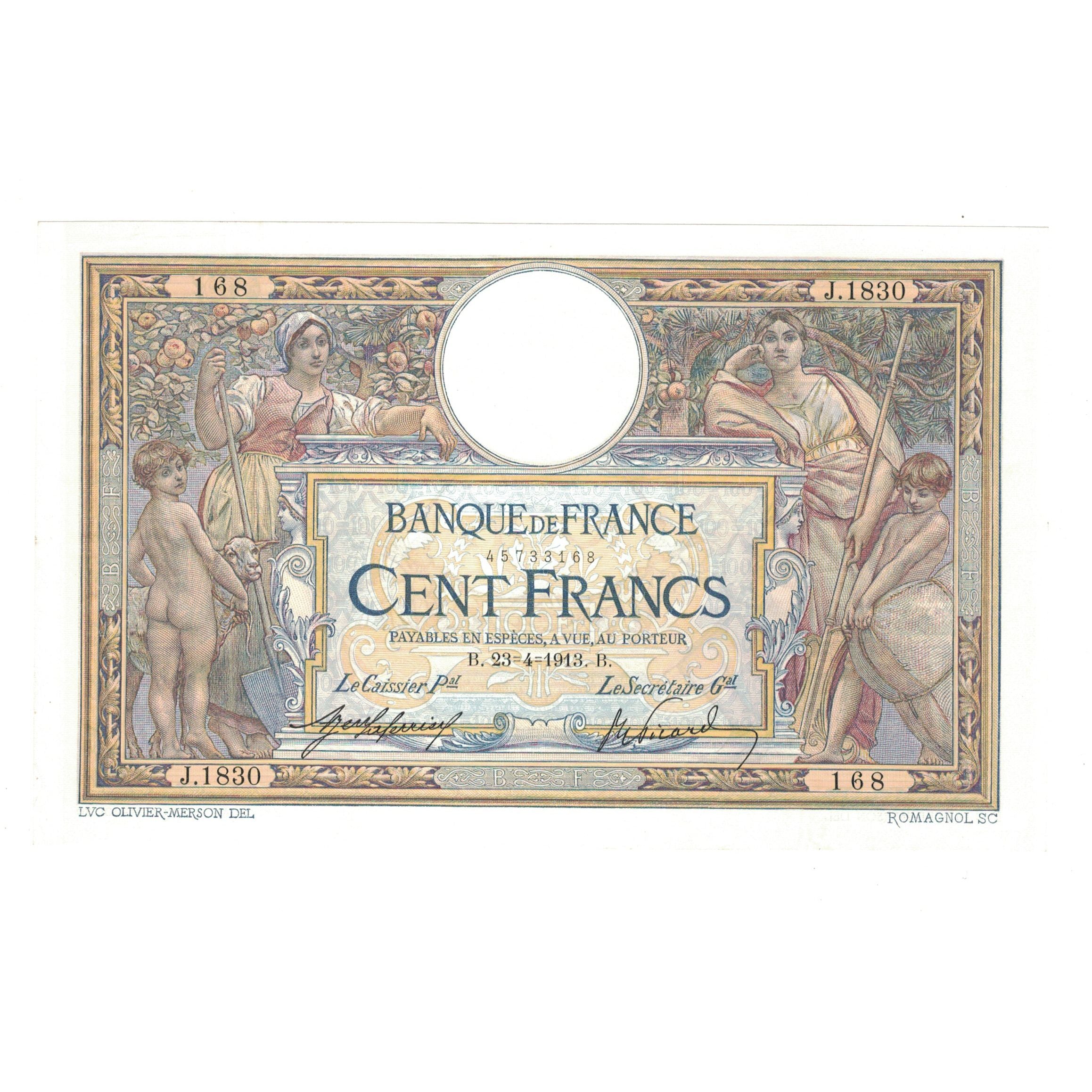 França, 100 Francs, Luc Olivier Merson, 1913, 1913-4-23, UNC(63)