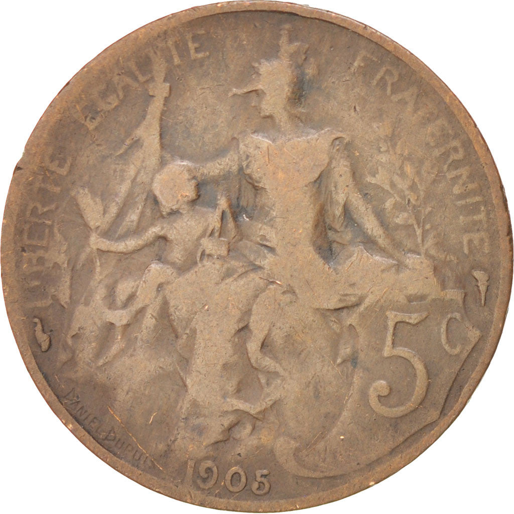 FRANCE, Dupuis, 5 Centimes, 1905, Paris, KM #842, VF(20-25), Bronze, 25.1,...