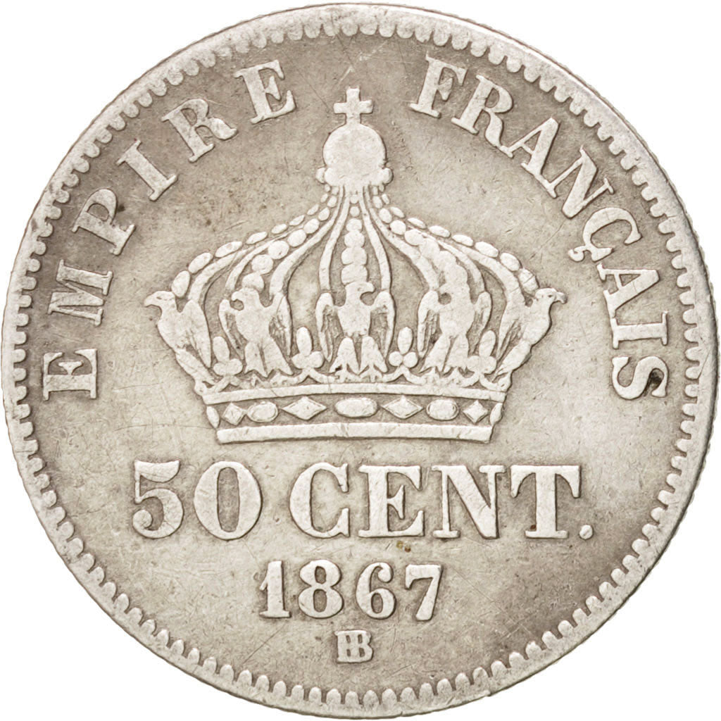 FRANCE, Napoléon III, 50 Centimes, 1867, Strasbourg, KM #814.2, VF(20-25), S...