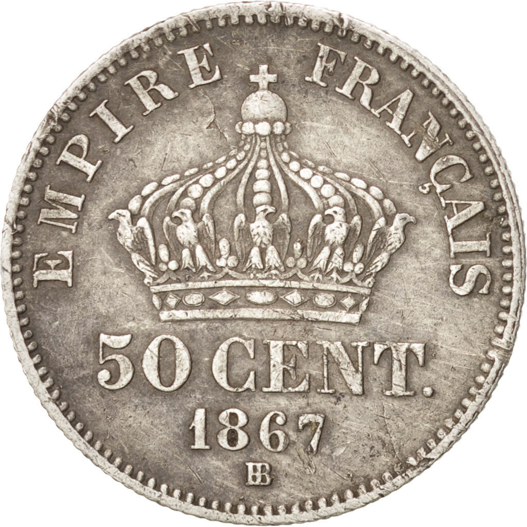 FRANCE, Napoléon III, 50 Centimes, 1867, Strasbourg, KM #814.2, EF(40-45), S...