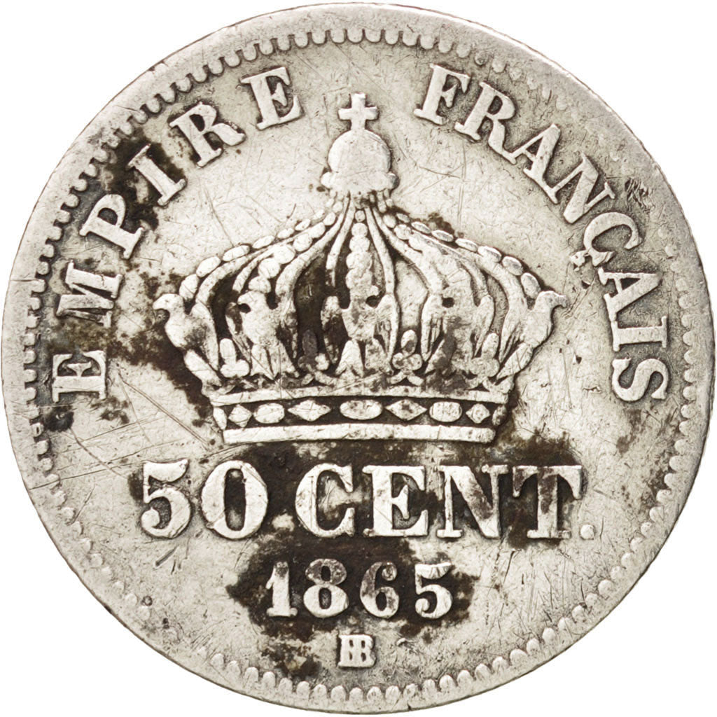 Francia, Napoleon III, Napoléon III, 50 Centimes, 1865, Strasbourg, B, Argen...