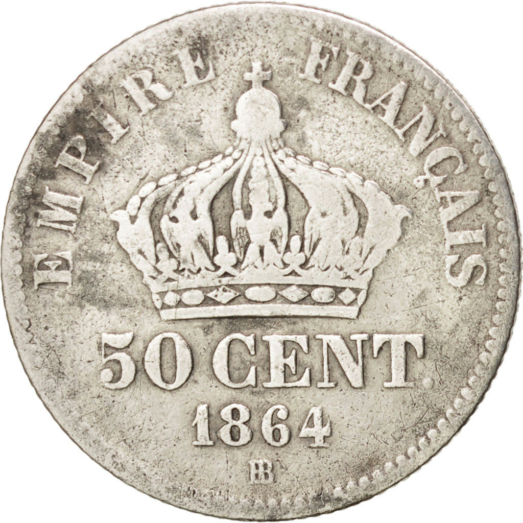 Second Empire, 50 Centimes Napoléon III tête laurée 1864 Strasbourg, KM 814.2