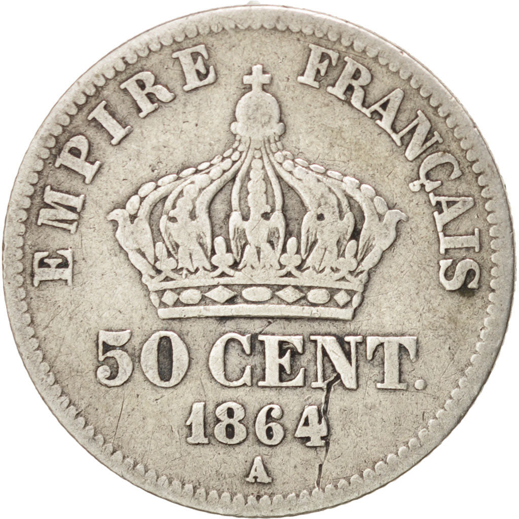 FRANCE, Napoléon III, 50 Centimes, 1864, Paris, KM #814.1, VG(8-10), Silver, 18,
