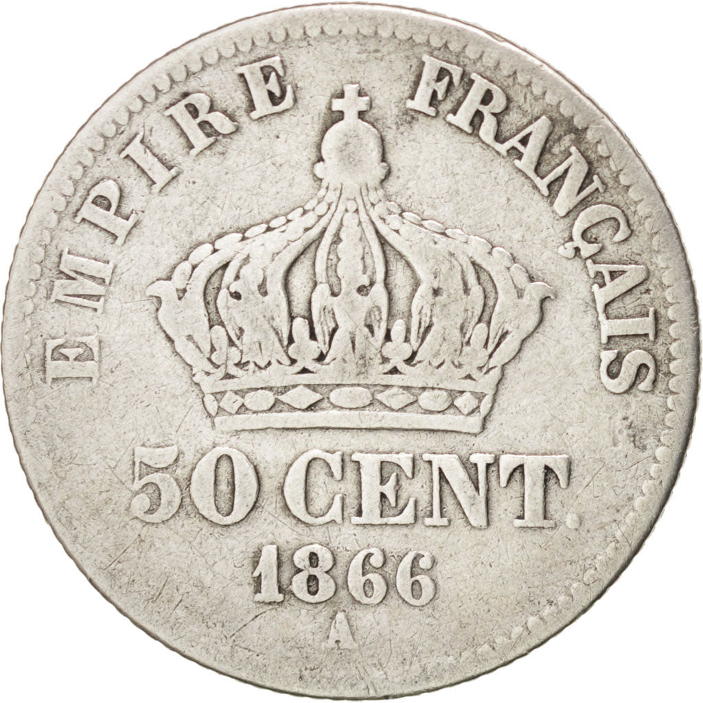 FRANCE, Napoléon III, 50 Centimes, 1866, Paris, KM #814.1, VG(8-10), Silver, 18,