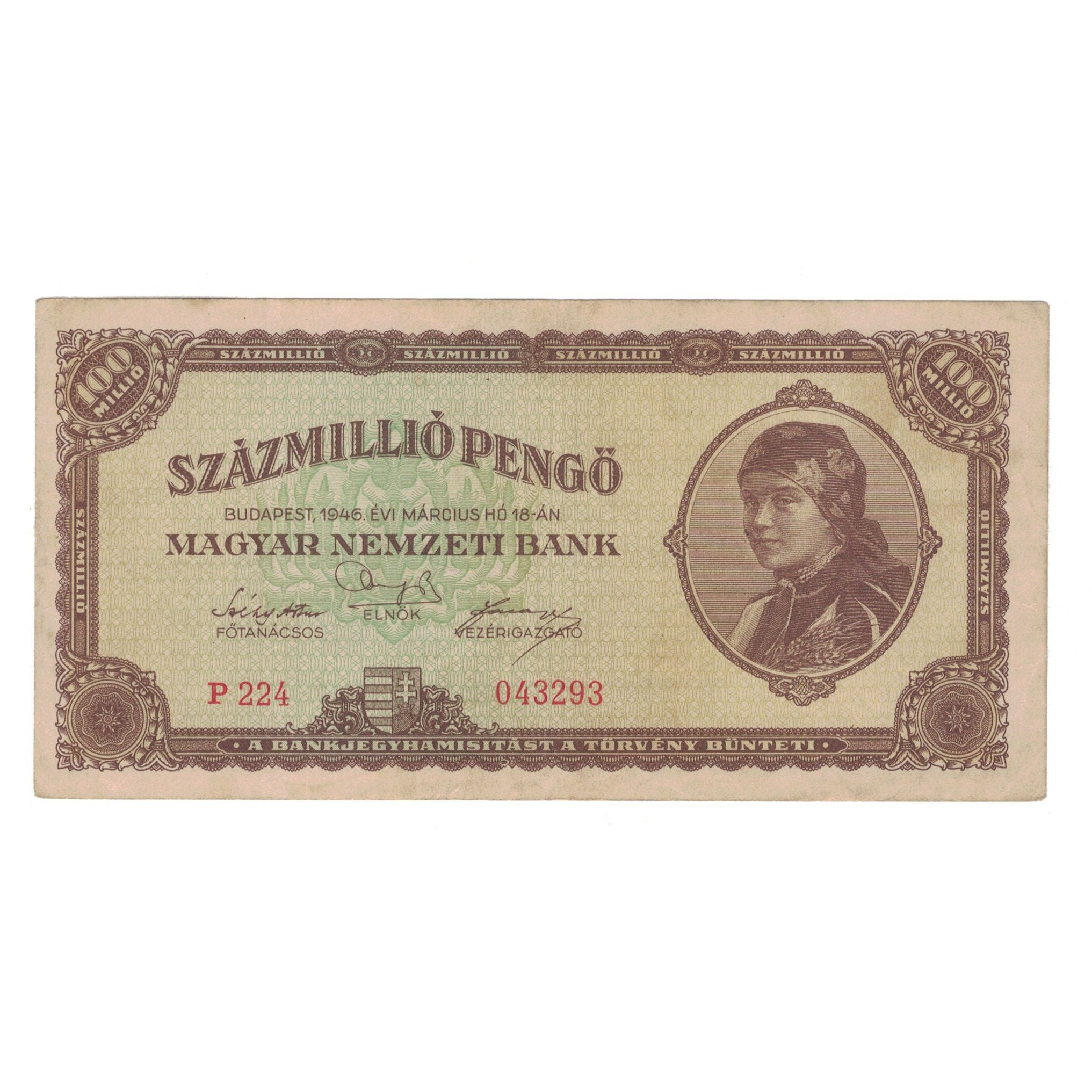 Billet, Hongrie, 100,000,000 Pengö, 1946, 1946-03-18, KM:124, TB+