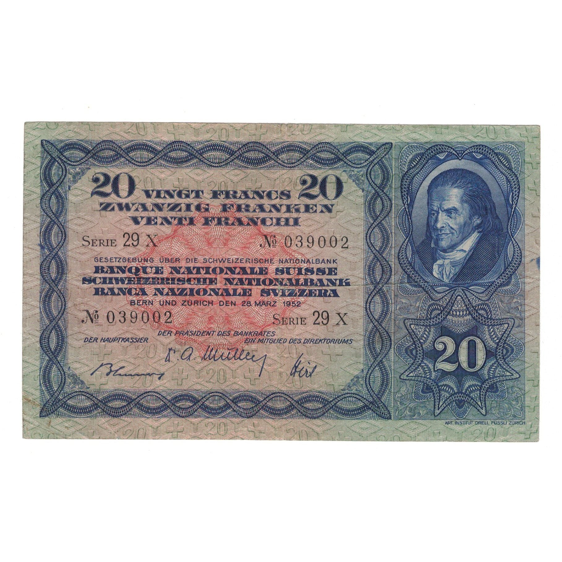 Banknote, Switzerland, 20 Franken, 1952, 1952-03-28, KM:39t, EF(40-45)