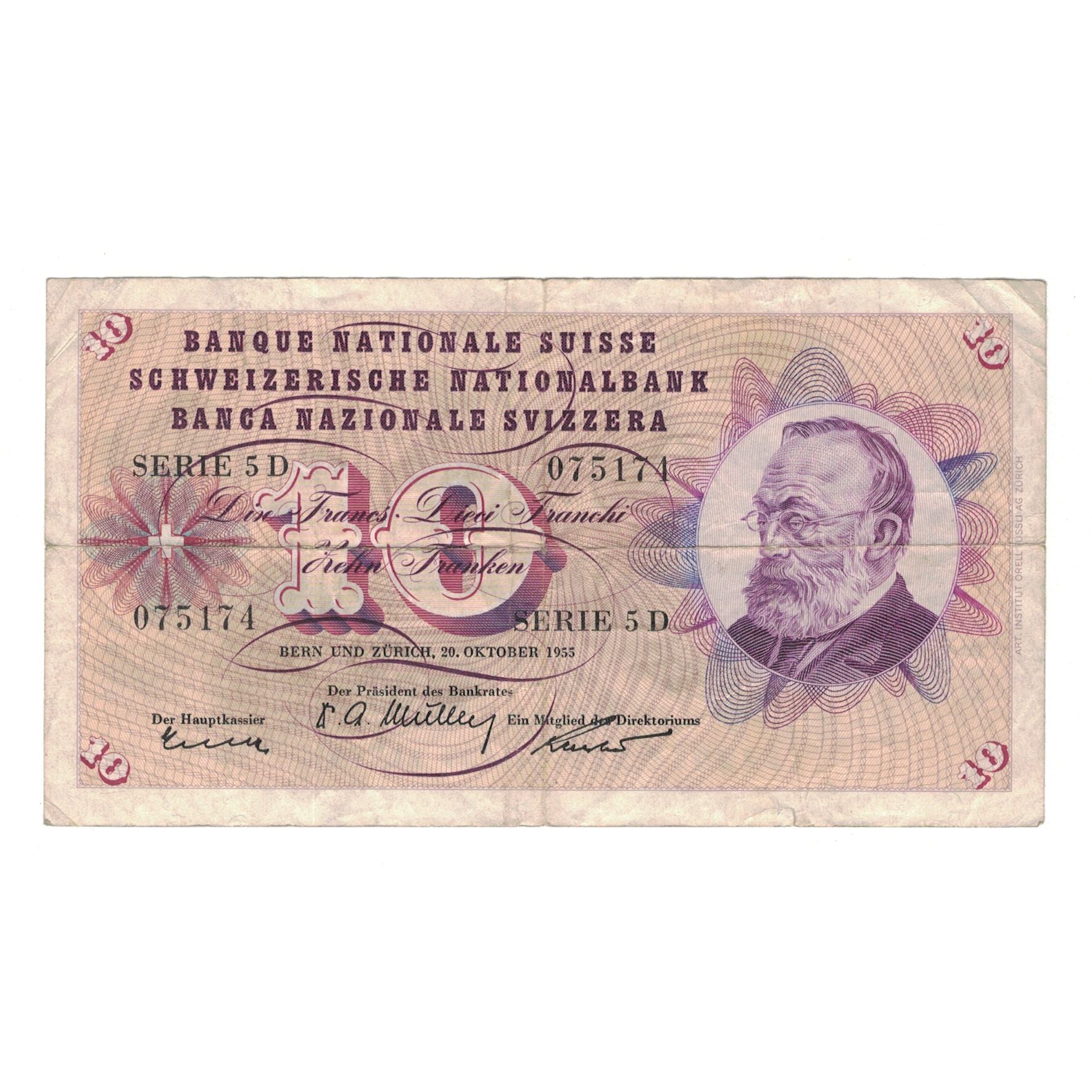 Banconote, Svizzera, 10 Franken, 1955, 1955-10-20, KM:45b, MB+