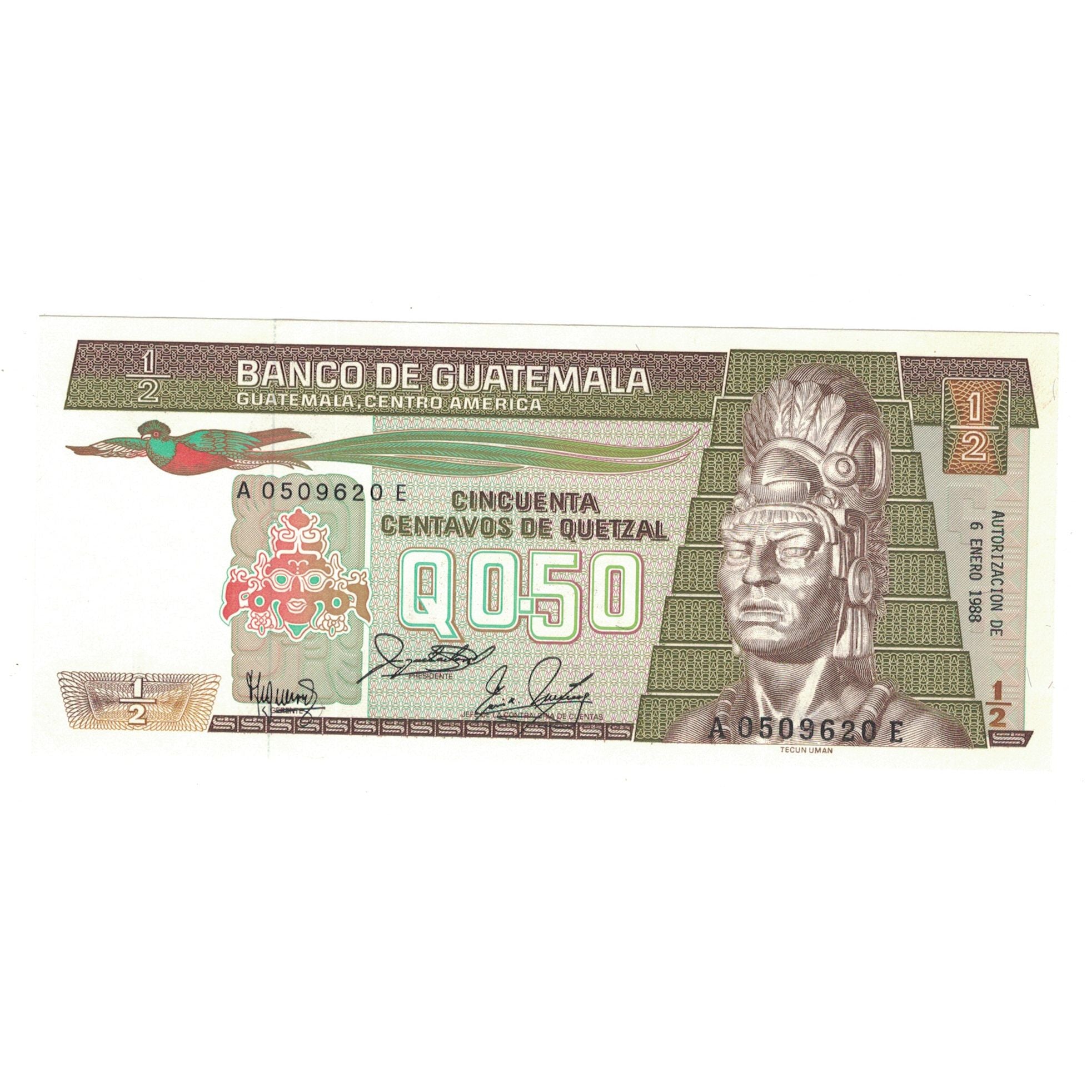 Banknote, Guatemala, 1/2 Quetzal, 1988, 1988-01-06, KM:65, UNC(65-70)