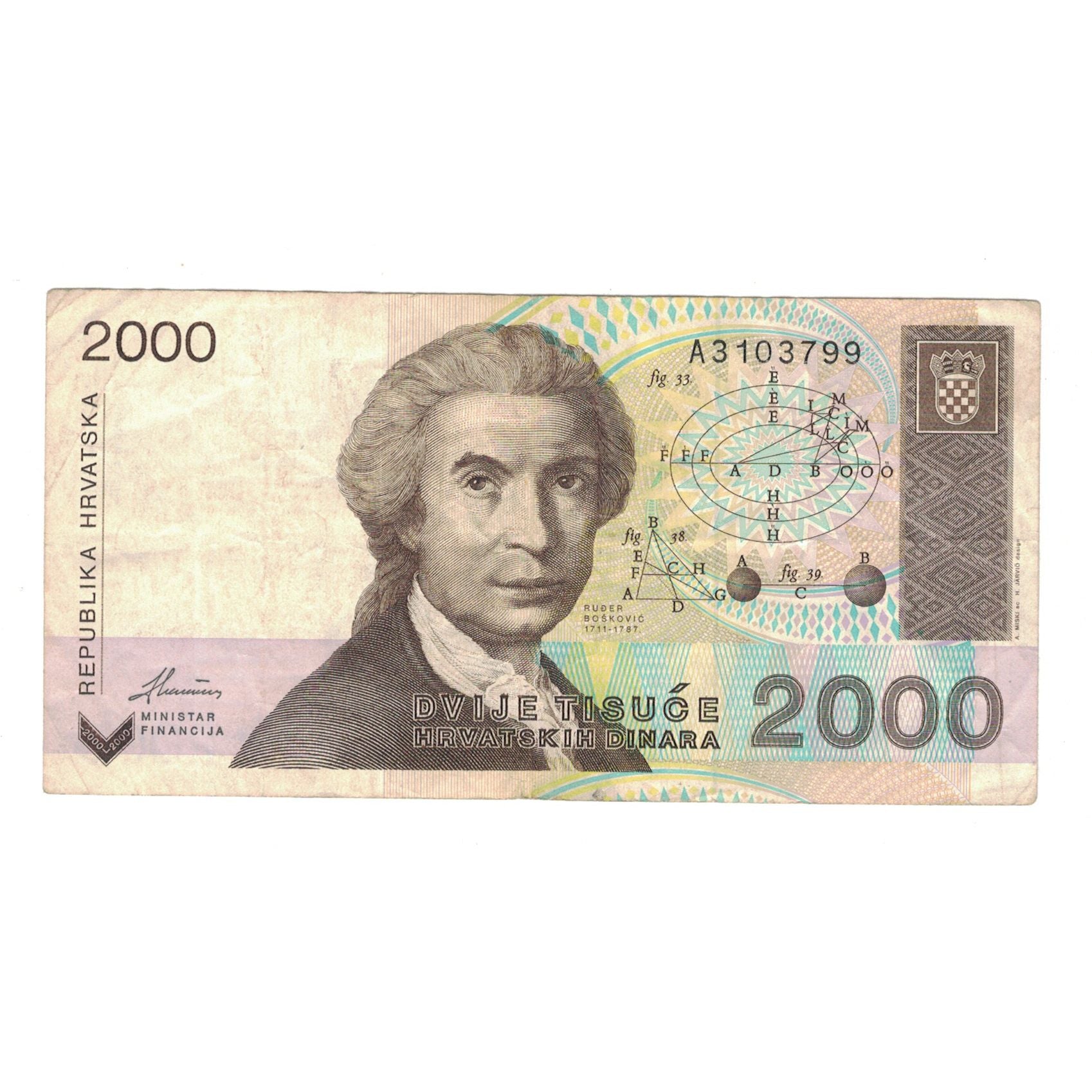Banknote, Croatia, 2000 Dinara, 1992, 1992-01-15, KM:23a, VF(30-35)
