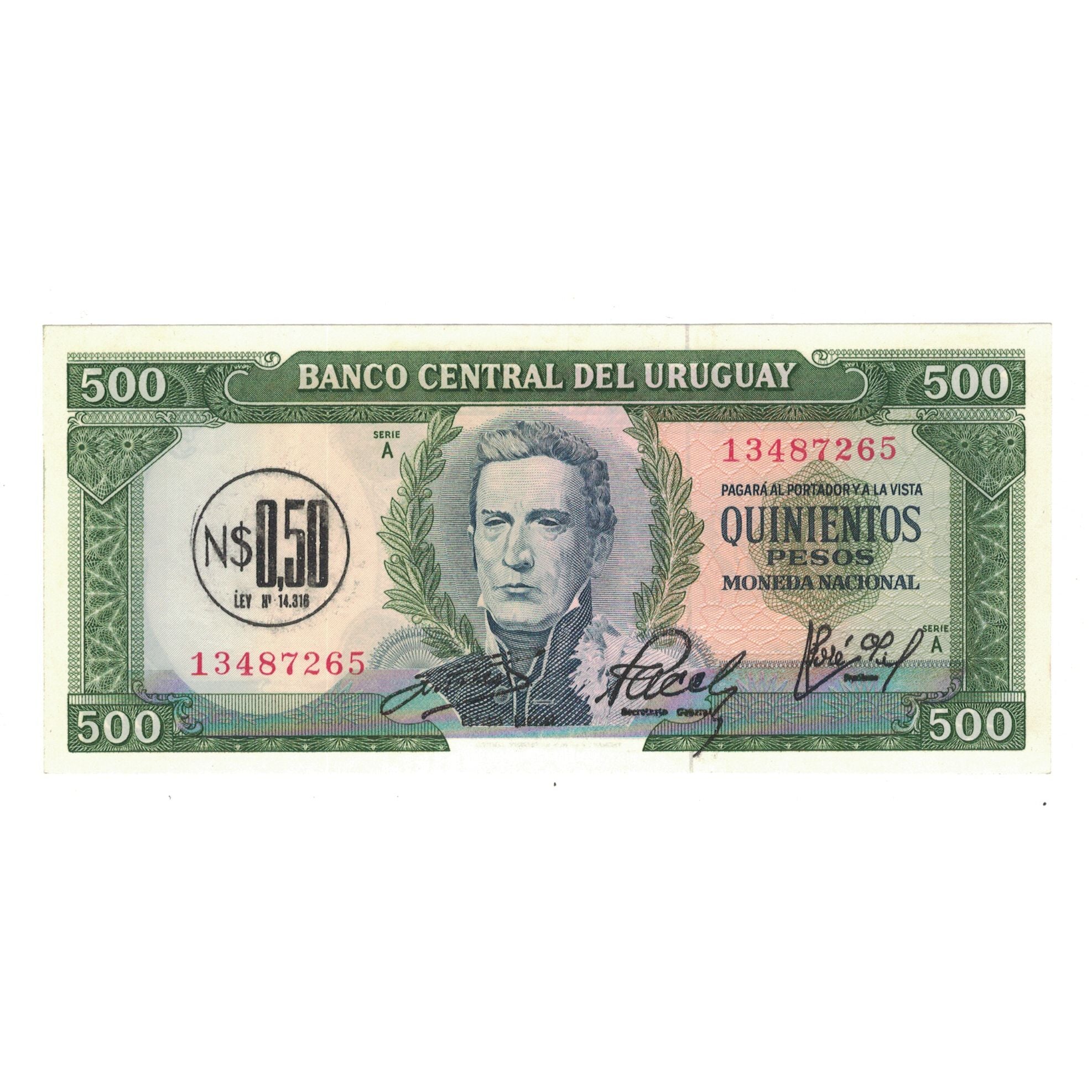 Banknote, Uruguay, 0.50 Nuevo Peso on 500 Pesos, Undated (1975), KM:54, UNC(63)