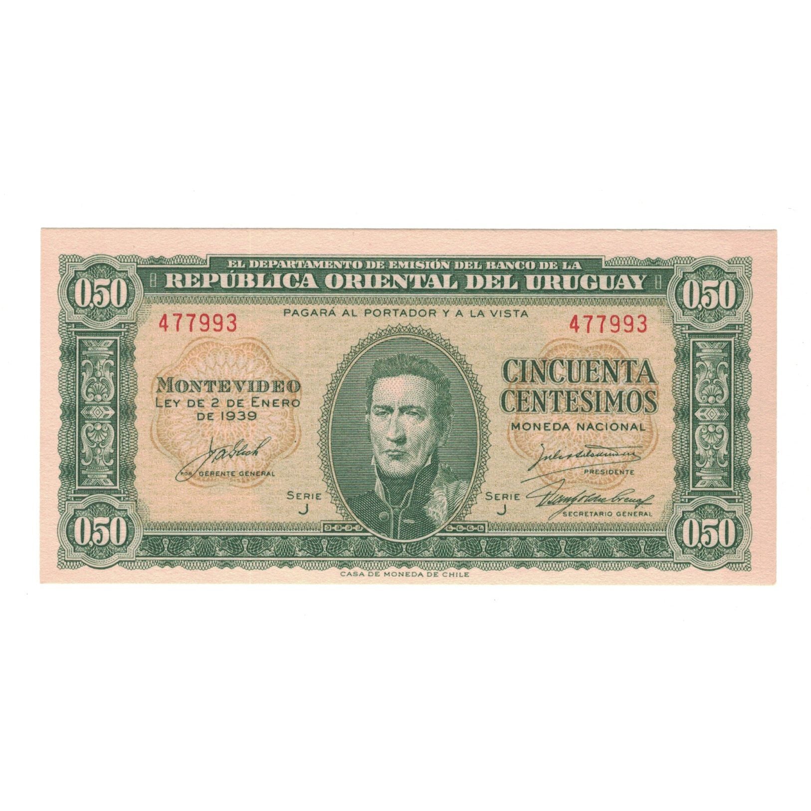 Banknote, Uruguay, 50 Centesimos, 1939, KM:34, UNC(65-70)