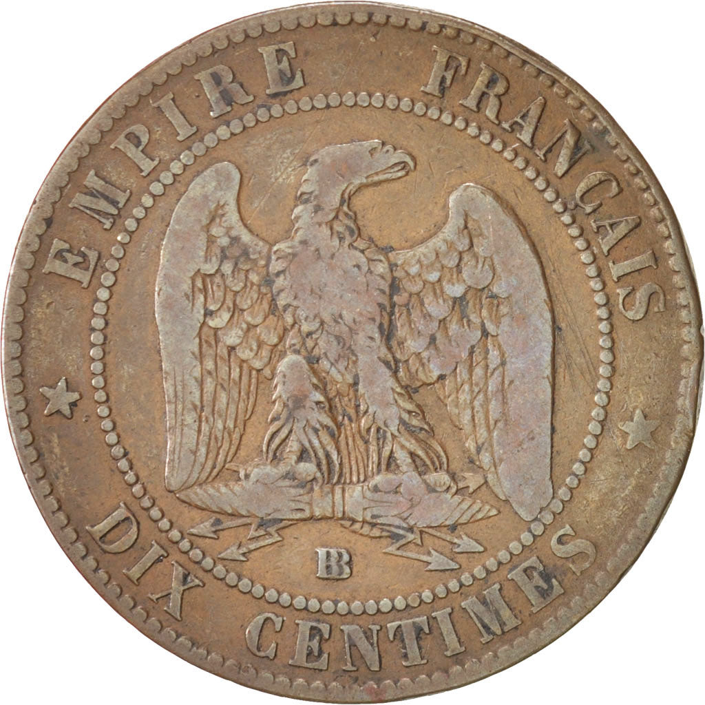 FRANCE, 10 Centimes, 1855, Strasbourg, VF(20-25), Bronze, 9.64