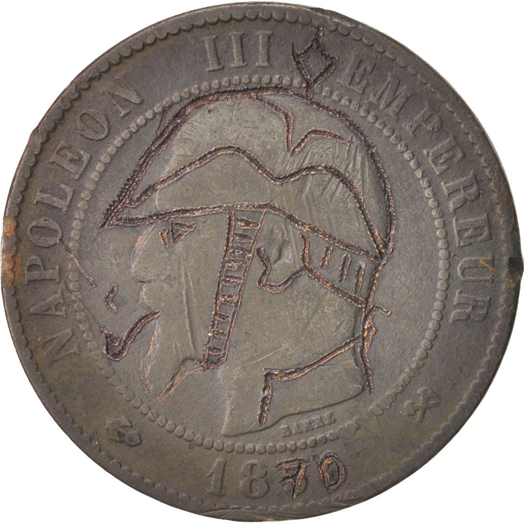 Second Empire, 10 Centimes satirique Napoléon III avec un casque prussien et f..