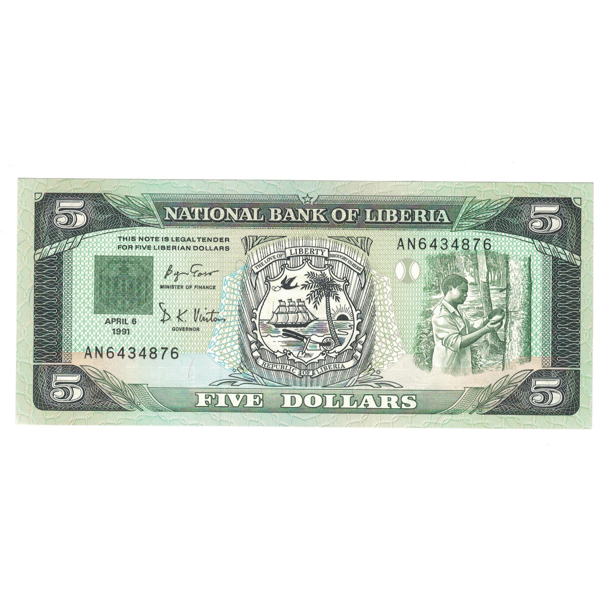 Banknote, Liberia, 5 Dollars, 1991, 1991-04-06, KM:20, UNC(65-70)