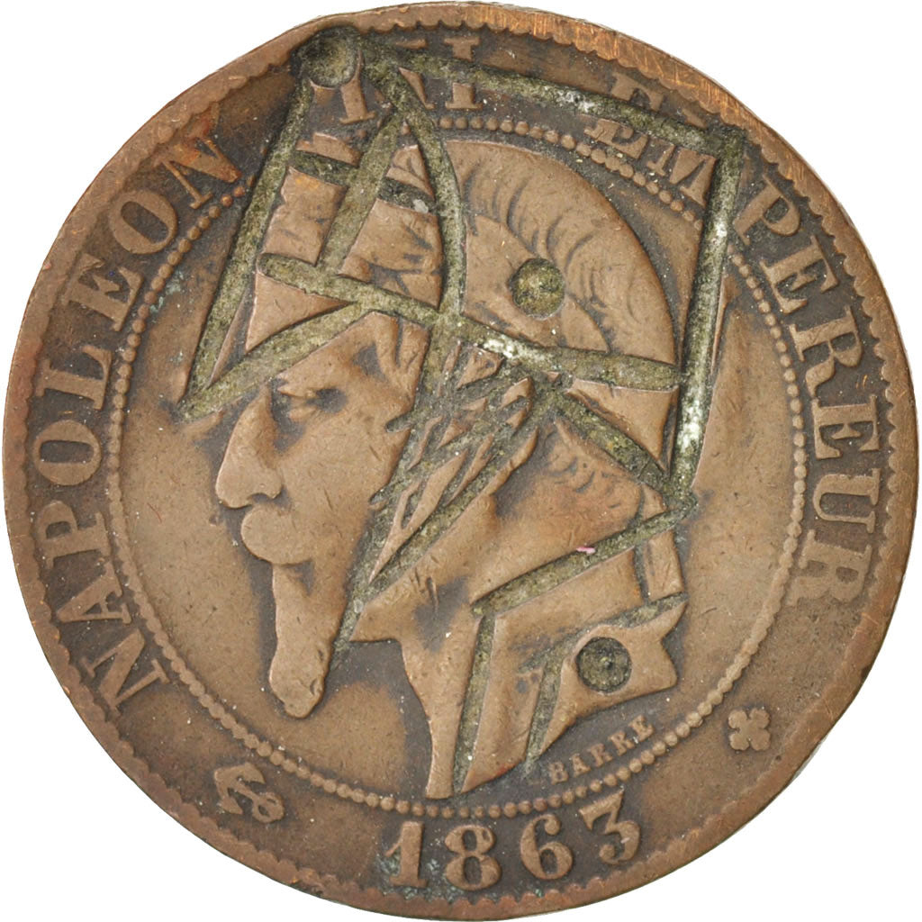Second Empire, 5 Centimes satirique Napoléon III regravé avec un casque