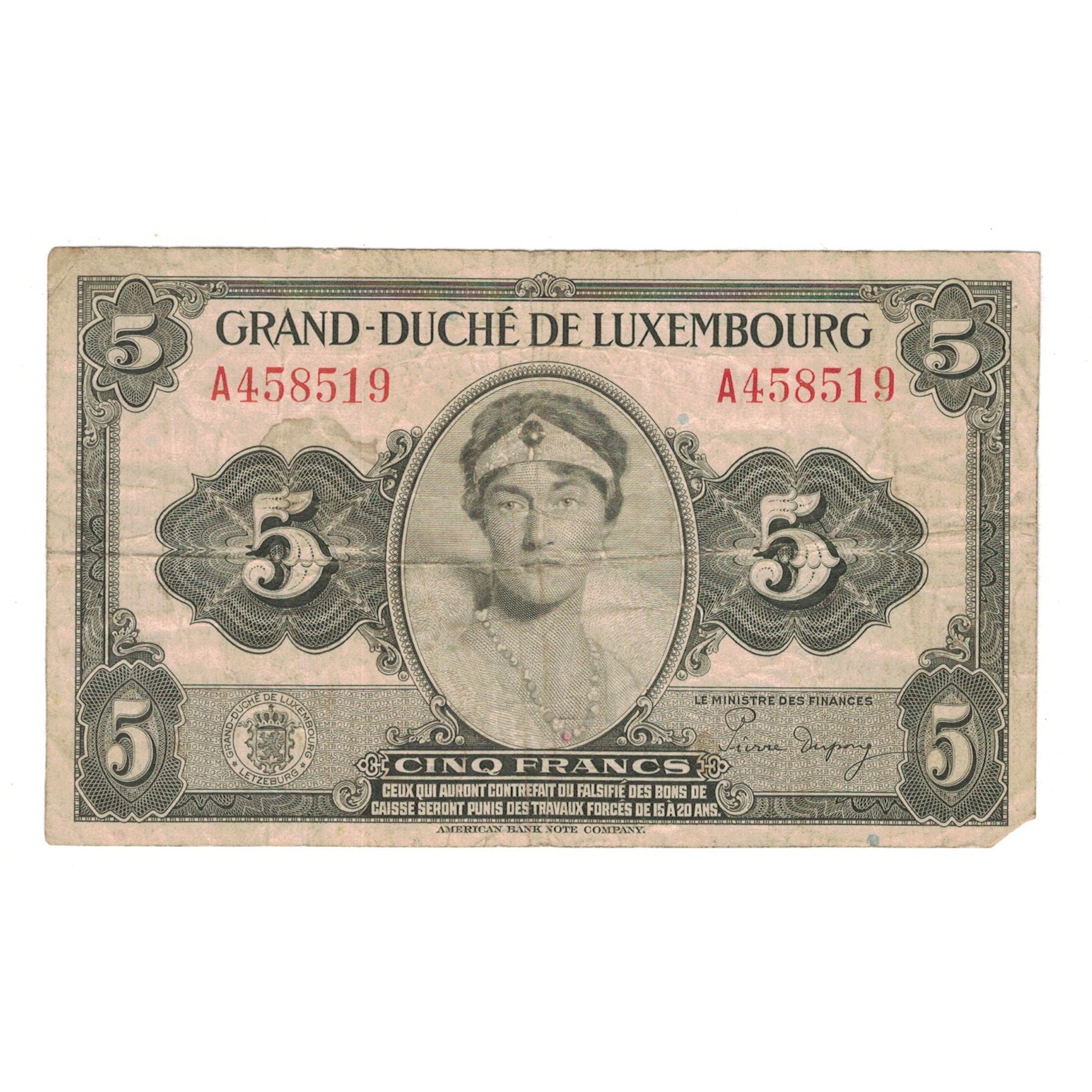 Banknote, Luxembourg, 5 Francs, Undated (1944), KM:43b, VF(20-25)