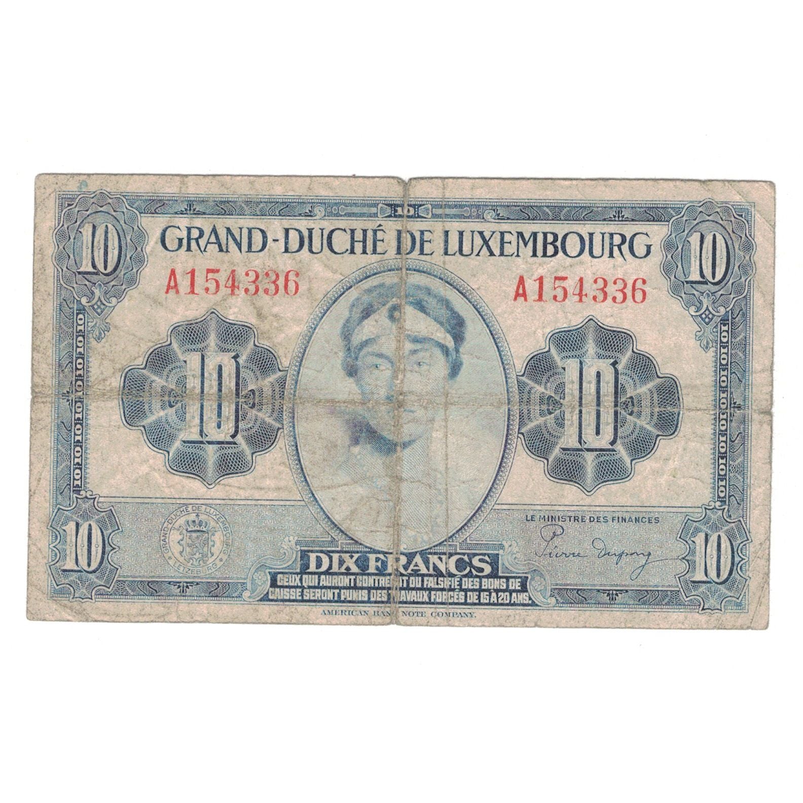 Banknote, Luxembourg, 10 Francs, Undated 1944, KM:44a, VF(20-25)