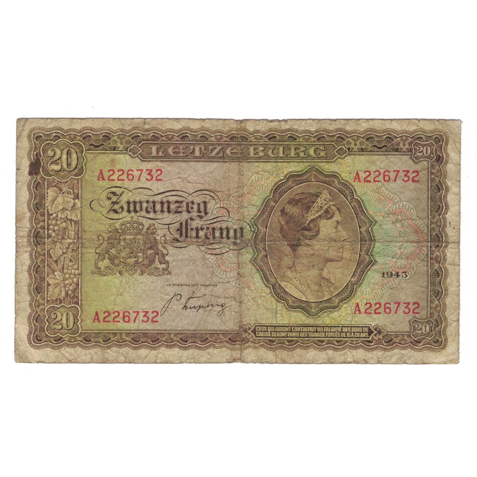 Banknote, Luxembourg, 20 Frang, 1943, KM:42a, VG(8-10)