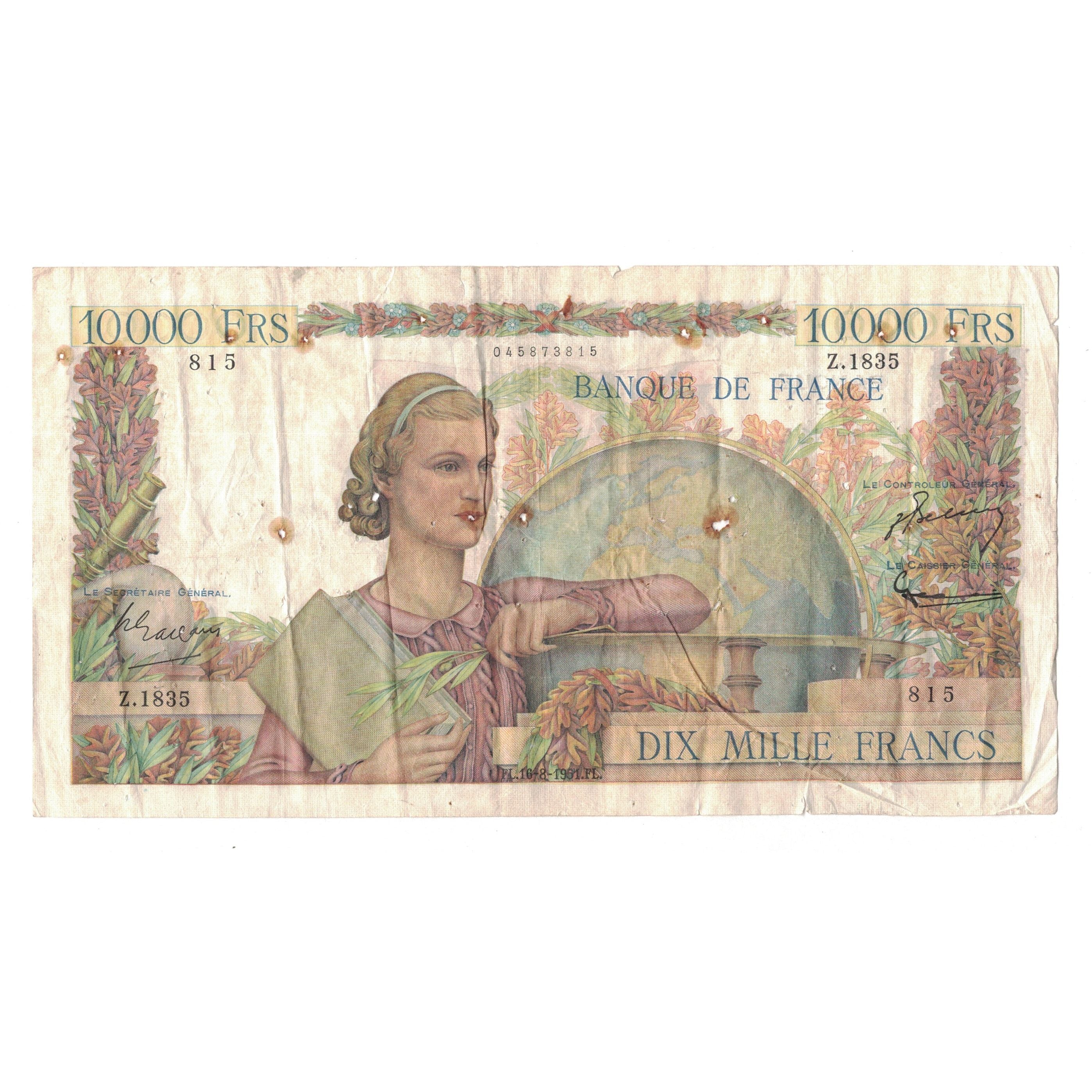 França, 10,000 Francs, Génie Français, 1951, Z.1835, VG(8-10), Fayette:50.53