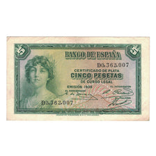 Billet, Espagne, 5 Pesetas, 1935, KM:85a, TTB+