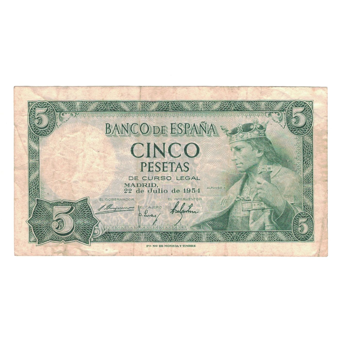 Banknote, Spain, 5 Pesetas, 1954, 1954-07-22, KM:146a, VF(30-35)