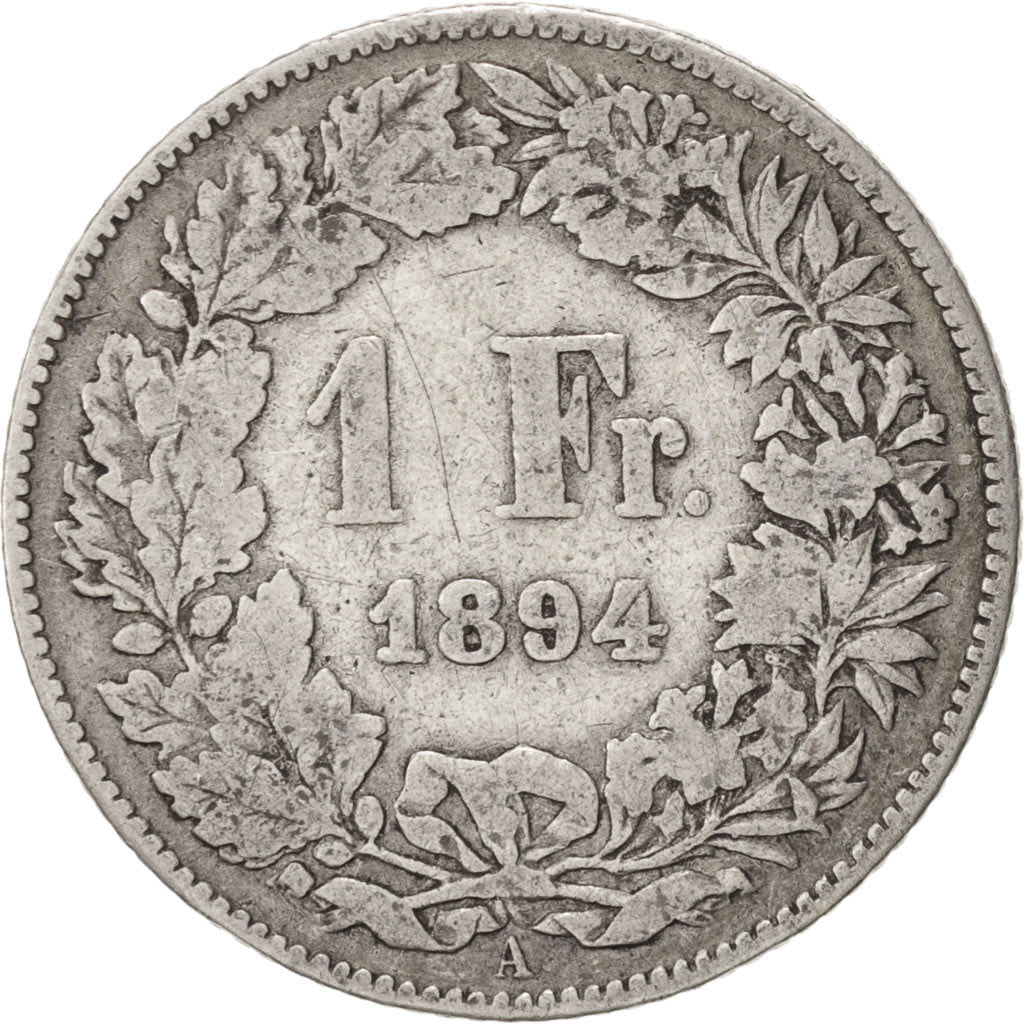SWITZERLAND, Franc, 1894, Bern, KM #24, VF(20-25), Silver, 23.2, 4.82