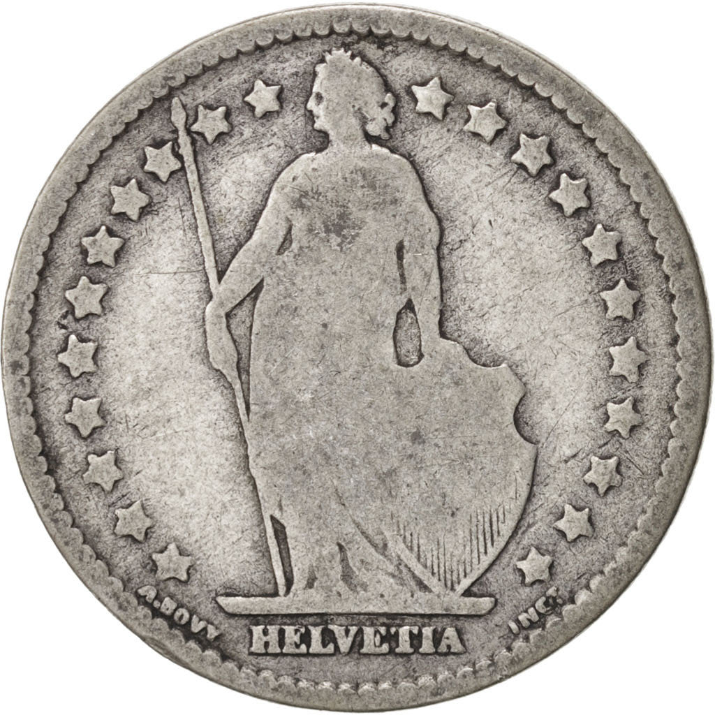 SWITZERLAND, Franc, 1877, Bern, KM #24, F(12-15), Silver, 23.2, 4.66