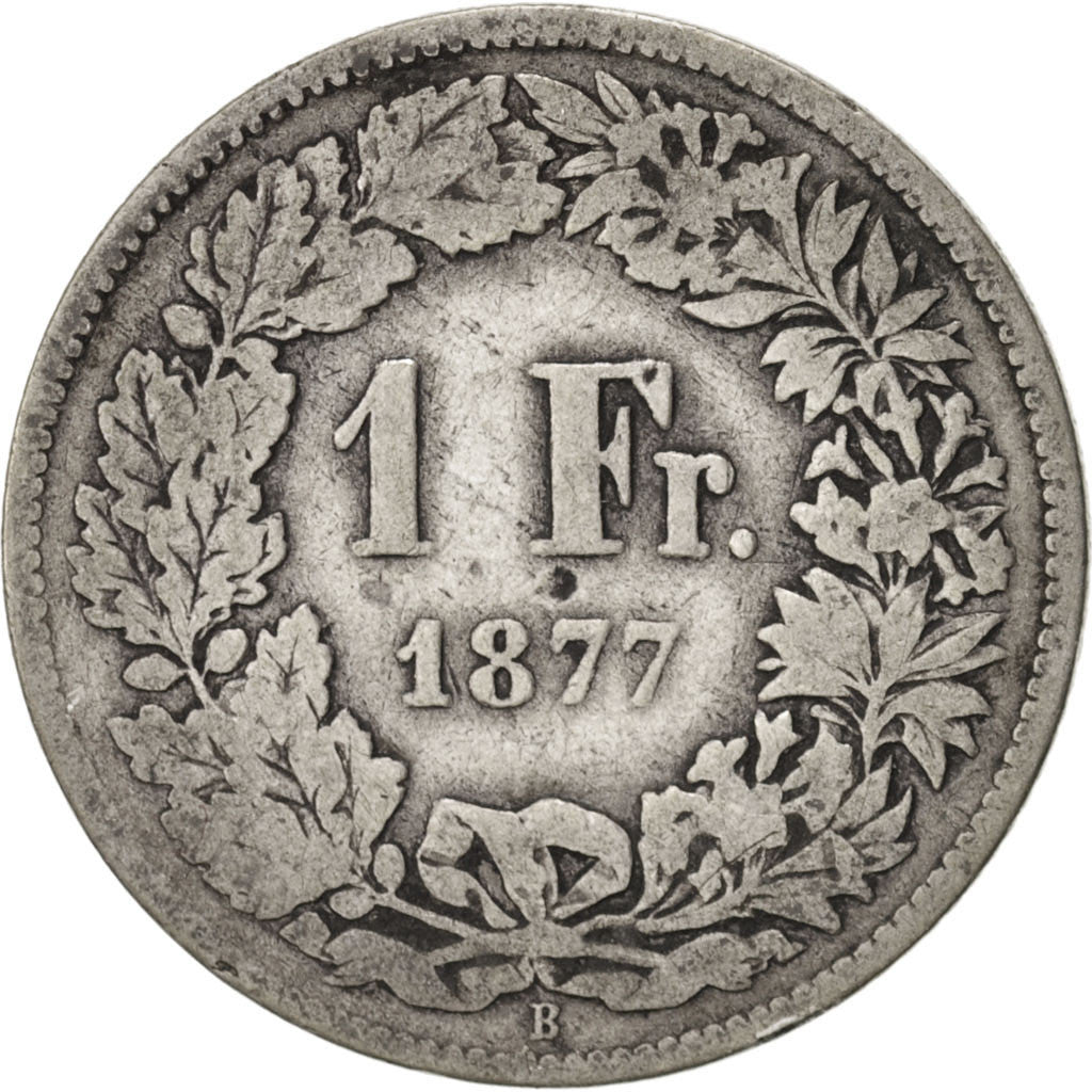 SWITZERLAND, Franc, 1877, Bern, KM #24, F(12-15), Silver, 23.2, 4.66