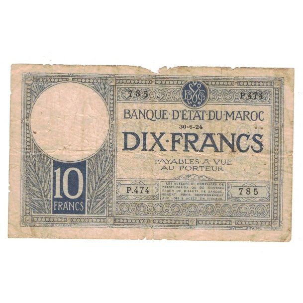 Banknote, Morocco, 10 Francs, 1924, 1924-06-30, KM:11b, VG(8-10)