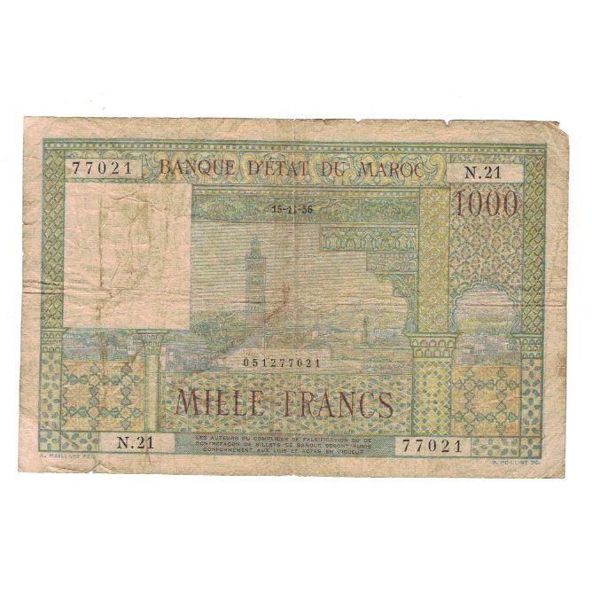 Banknote, Morocco, 1000 Francs, 1956, 1956-11-15, KM:47, VG(8-10)