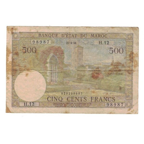 Banknote, Morocco, 500 Francs, 1956, 1956-4-27, KM:46, VG(8-10)