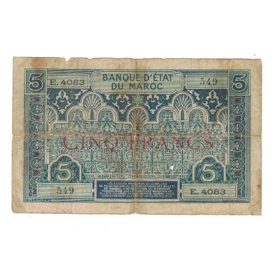 Banknote, Morocco, 5 Francs, 1924, KM:9, VG(8-10)