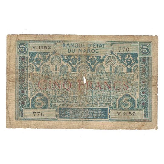 Banknot, Maroko, 5 Francs, KM:9, VG(8-10)