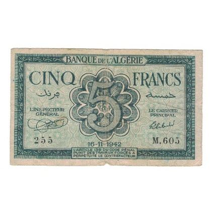 Banknote, Algeria, 5 Francs, 1942, 1942-11-16, KM:91, VF(30-35)
