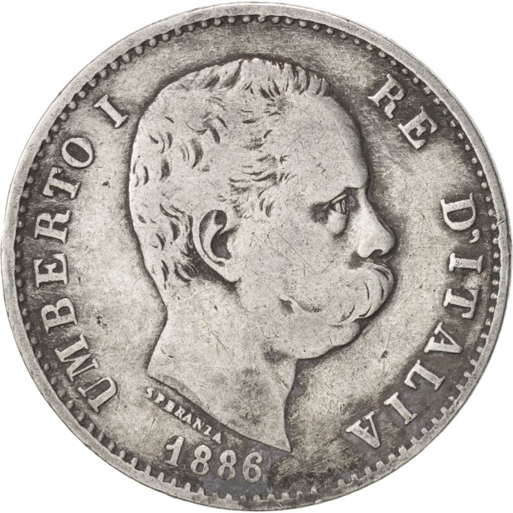 ITALY, Lira, 1886, Rome, KM #24.1, VF(20-25), Silver, 4.88