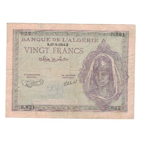 Banknote, Algeria, 20 Francs, 1944, 1944-05-19, KM:92a, VF(20-25)