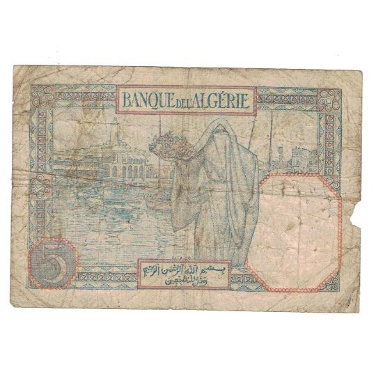 Banknote, Algeria, 5 Francs, 1929, 1929-1-14, KM:77a, VG(8-10)