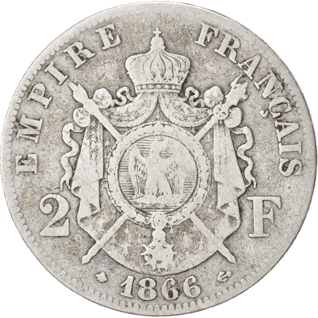 FRANCE, Napoléon III, 2 Francs, 1866, Paris, KM #807.1, VF(20-25), Silver, G...