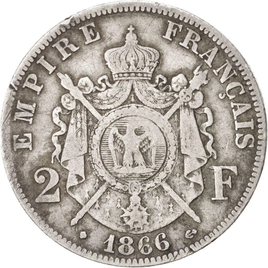 FRANCE, Napoléon III, 2 Francs, 1866, Strasbourg, KM #807.2, VF(20-25), Silver,