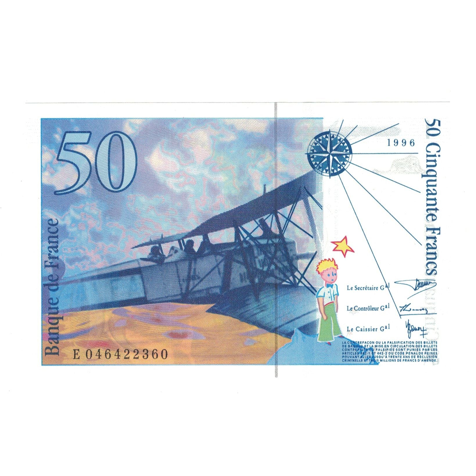 France, 50 Francs, St Exupéry, 1996, E 046422360, UNC(65-70), Fayette:73.3