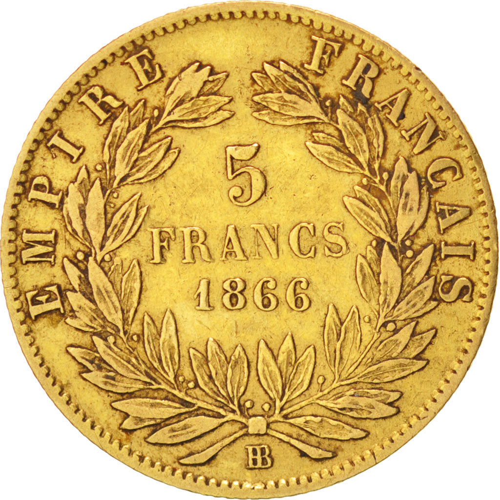 FRANCE, Napoléon III, 5 Francs, 1866, Strasbourg, KM #803.2, EF(40-45), Gold, G.