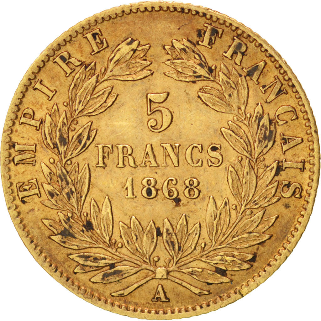 FRANCE, Napoléon III, 5 Francs, 1868, Paris, KM #803.1, AU(50-53), Gold, Gadoury