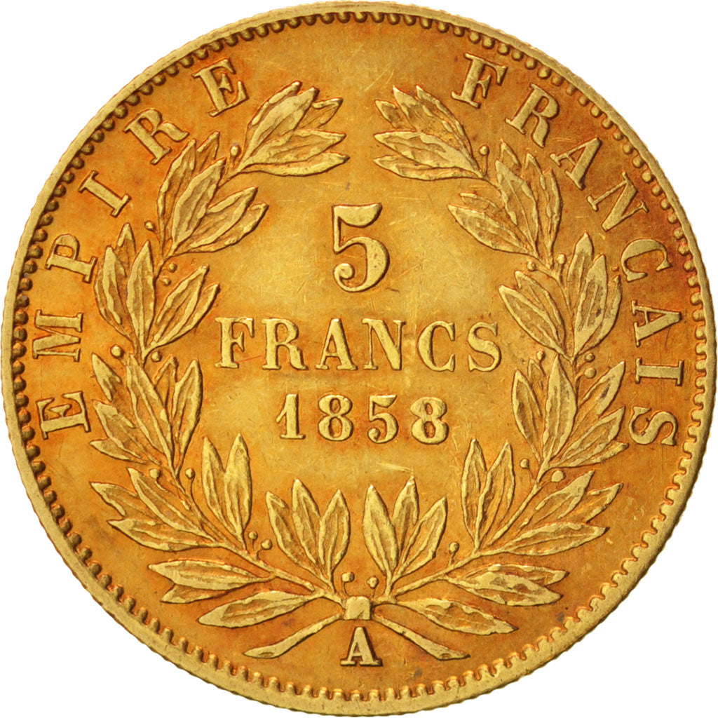 FRANCE, Napoléon III, 5 Francs, 1858, Paris, KM #787.1, EF(40-45), Gold, 16.7, G