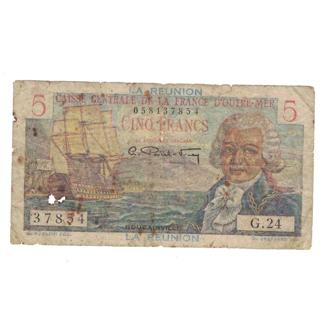 Réunion, 5 Francs, Undated (1947), 37854, VG(8-10), KM:41a